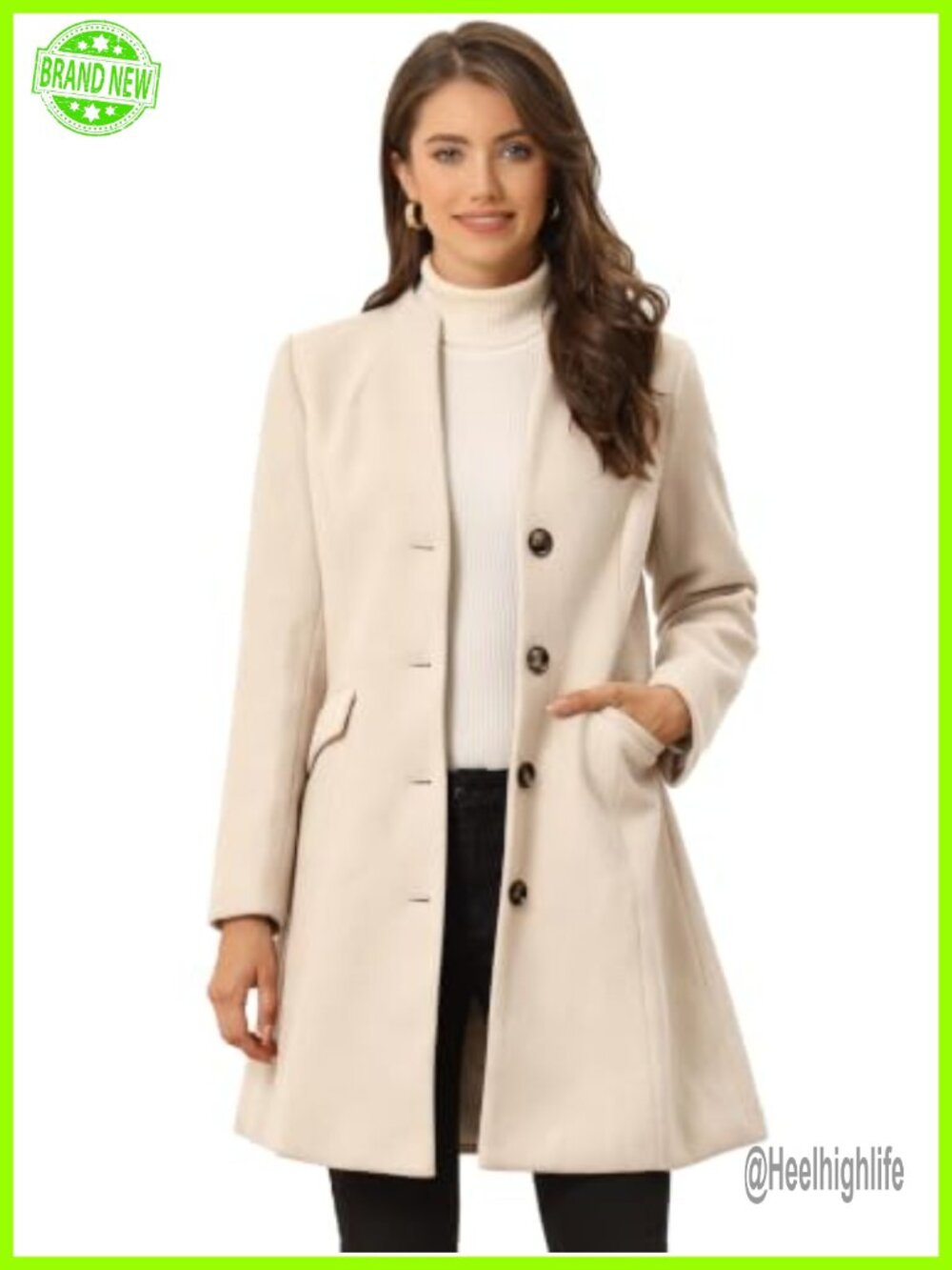 A-Line Single Breasted Pea Coat V Neck Long Winter Overcoat